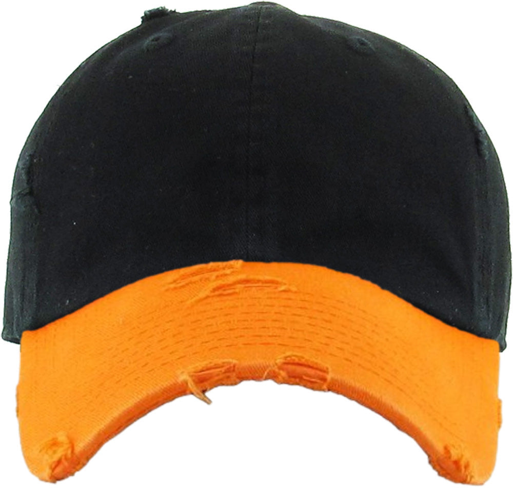 2Tone Black/Orange - Blank Distressed Dad Hat (Baseball Cap)