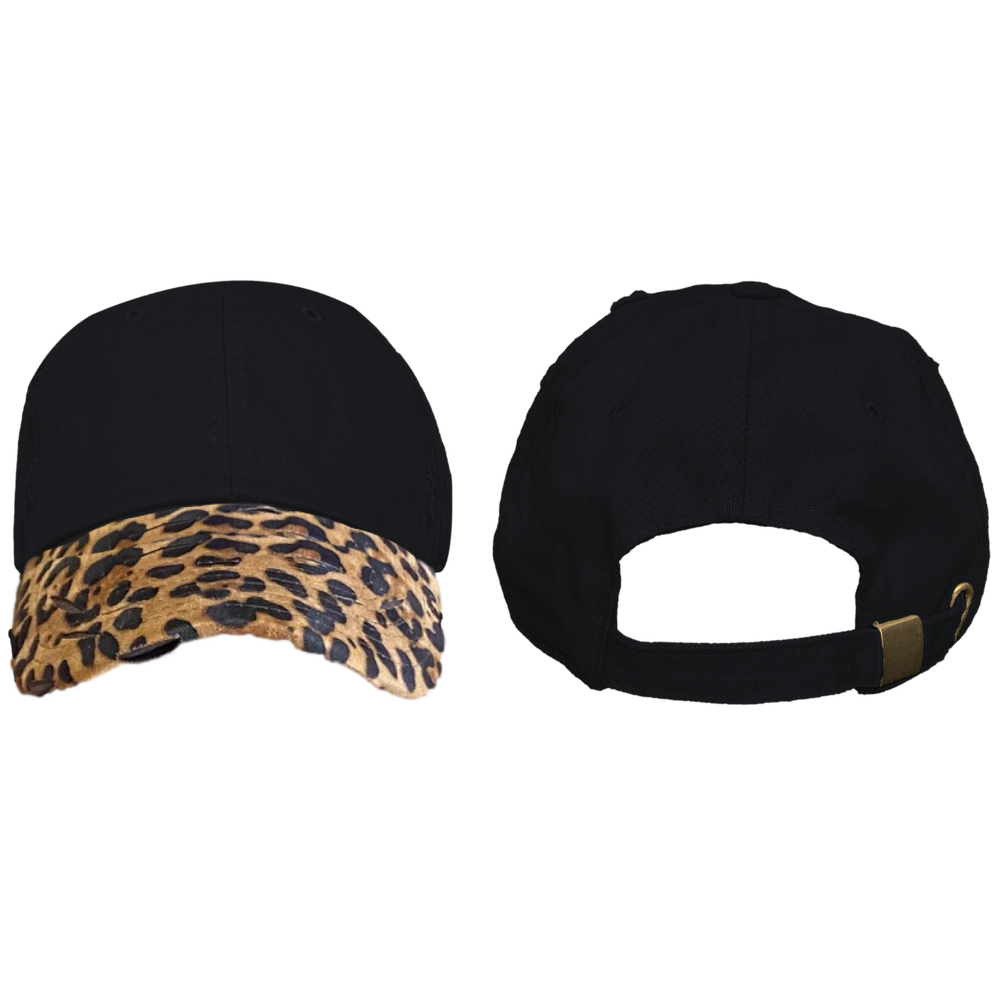 2Tone Black/Leopard - Blank Distressed Dad Hat (Baseball Cap)
