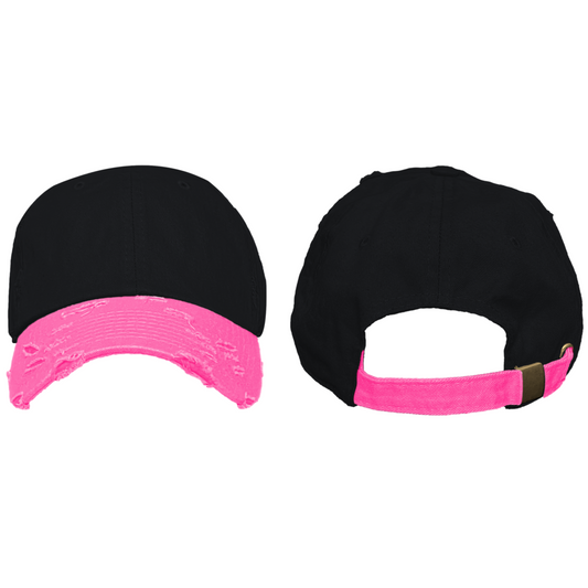 2Tone Black/Neon Pink - Blank Distressed Dad Hat (Baseball Cap)